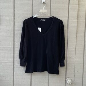 Michael Stars Black V-Neck Long Sleeve Tee with Subtle Puff Sleeves